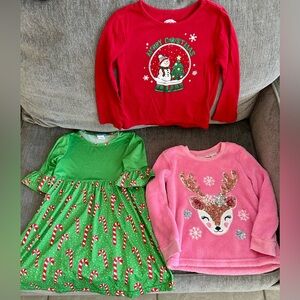 Christmas Bundle Girls Size 4-5, Pink Reindeer Sweater, Green Candy Cane Dress